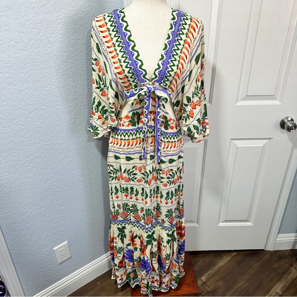 Farm Rio Size L V-Neck Kaftan Maxi Dress Colorful Coastal Cut Outs Resortwear - Picture 3 of 16